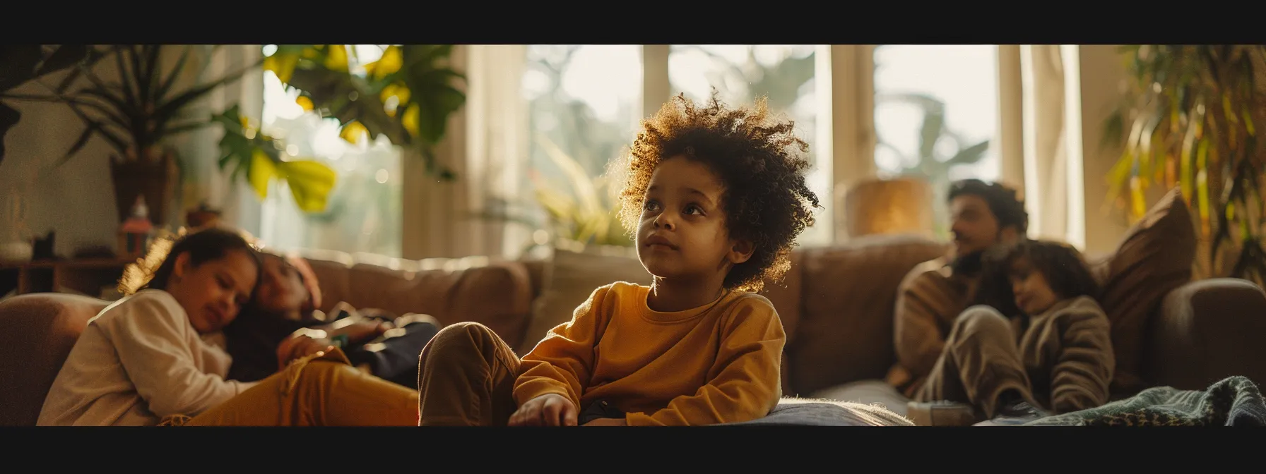 a child sitting in a cozy living room surrounded by supportive family members engaging in open conversation about their feelings.