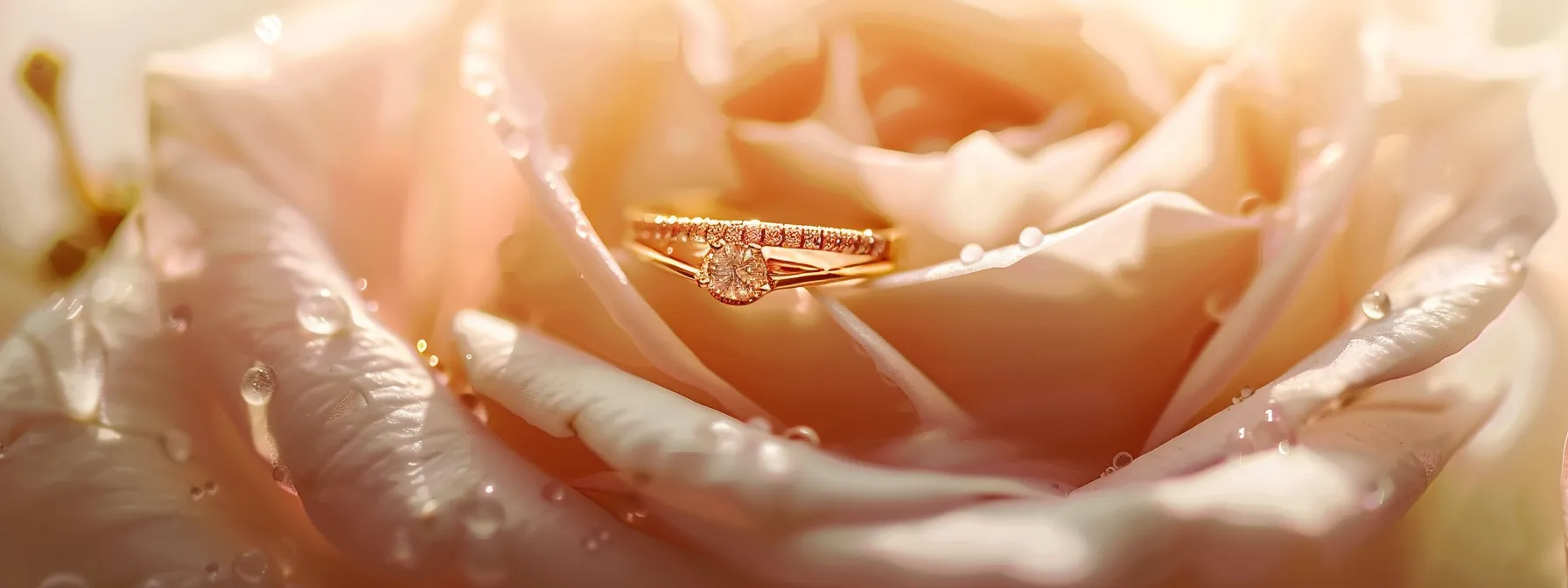 a delicate gold ring sparkling on a light pink rose petal, symbolizing elegance and sensitivity.