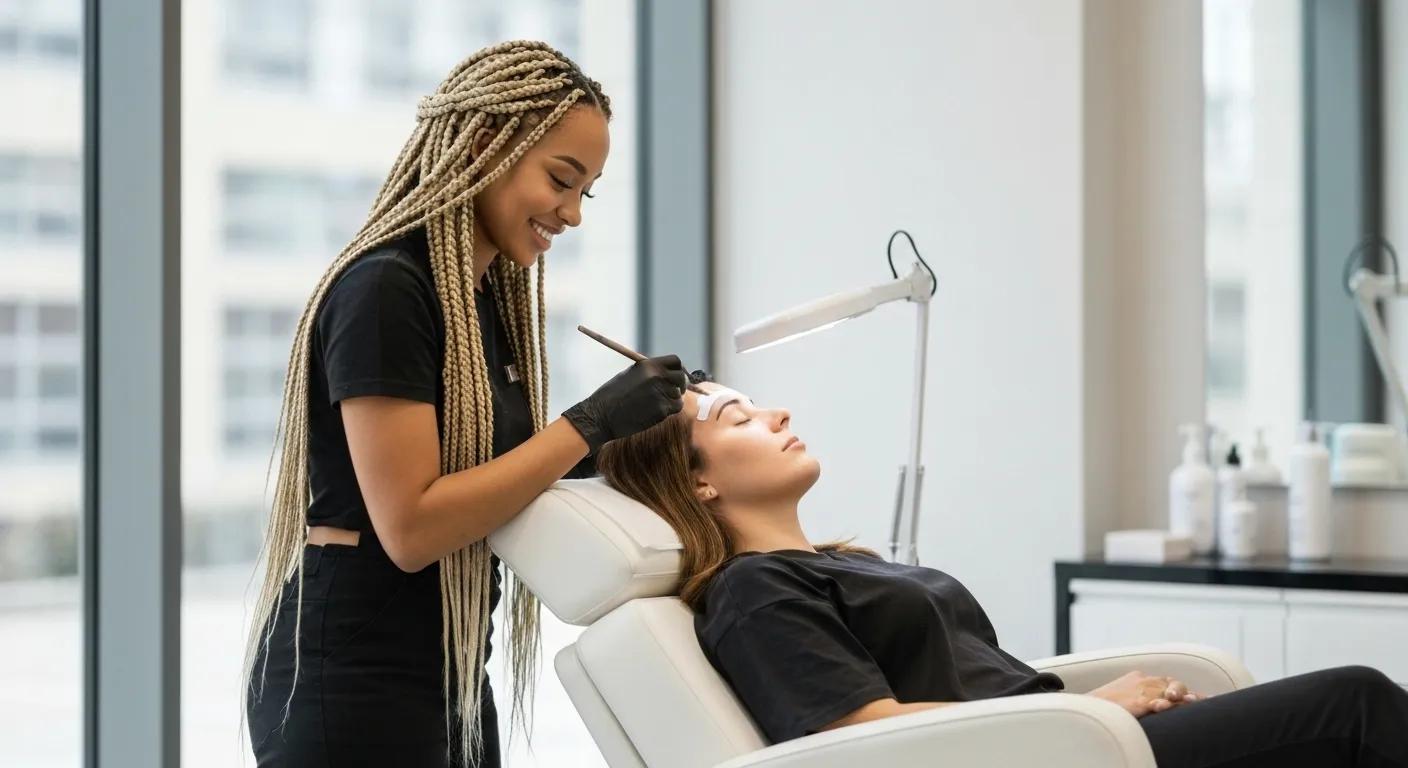 Beauty technician performing brow lamination on a client in a modern salon