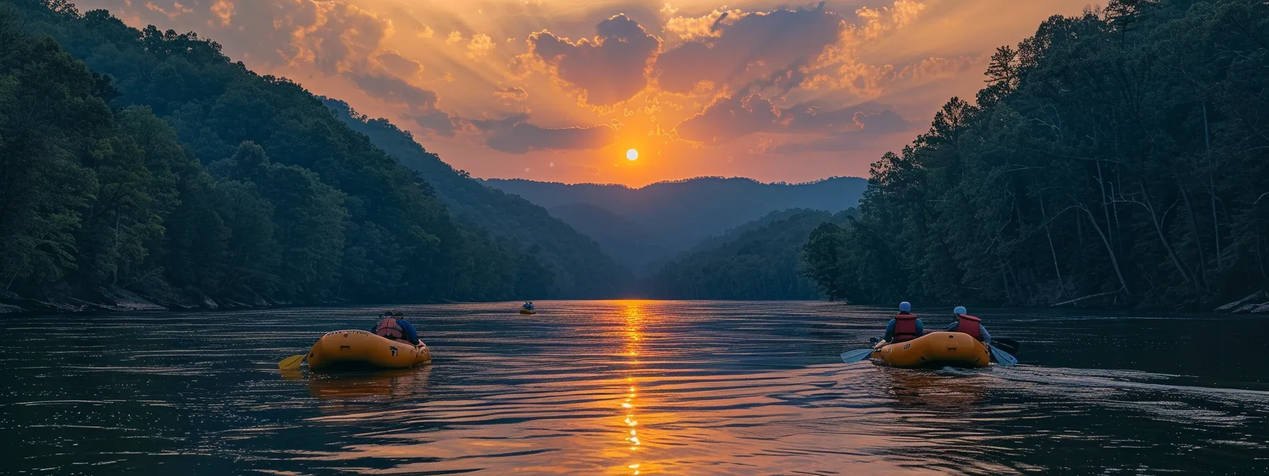 sun setting over the ocoee river, with rafts floating peacefully in the calm waters.