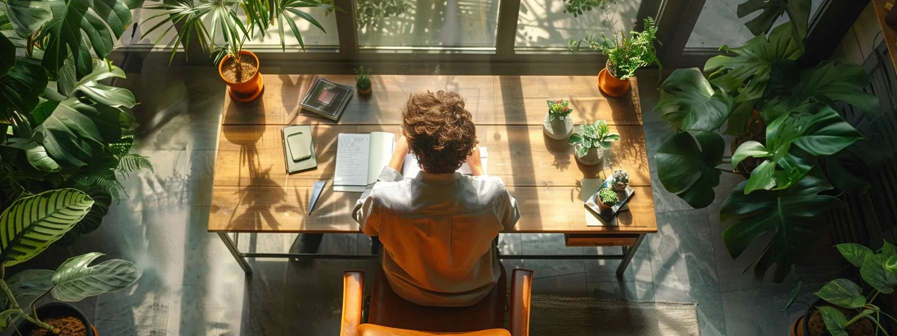 a person sitting at a desk with a notebook and laptop, surrounded by plants and natural light, planning their digital wellness strategy.