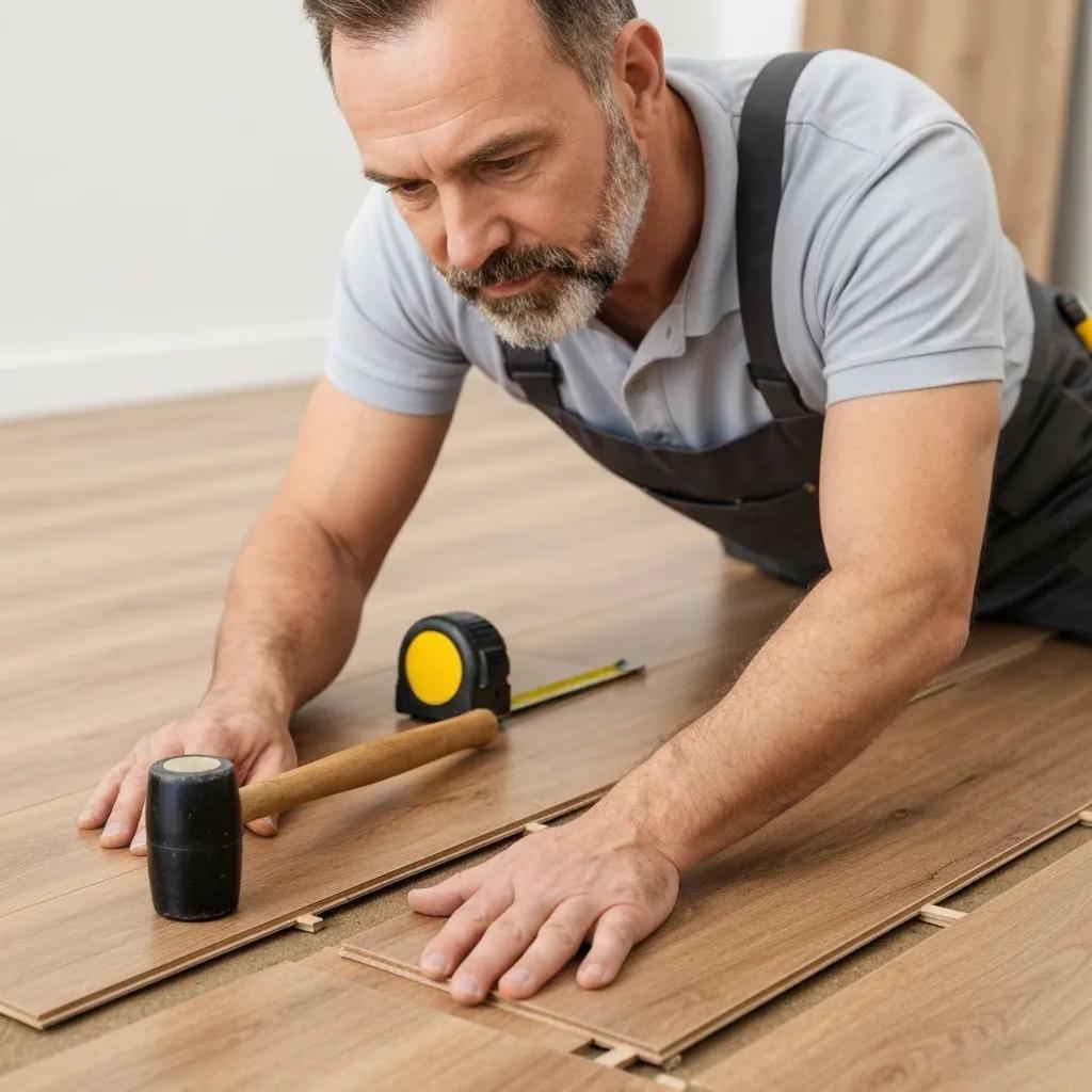 A professional installer meticulously laying laminate flooring, highlighting the precision involved
