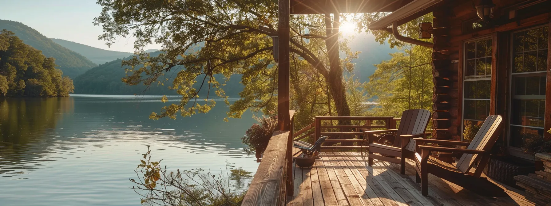 a serene riverfront cabin with a private deck overlooking the tennessee river.