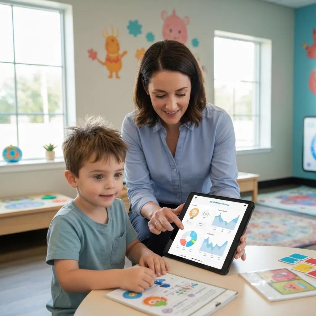 Therapist utilizing a tablet with an ABA data tracking application during a therapy session