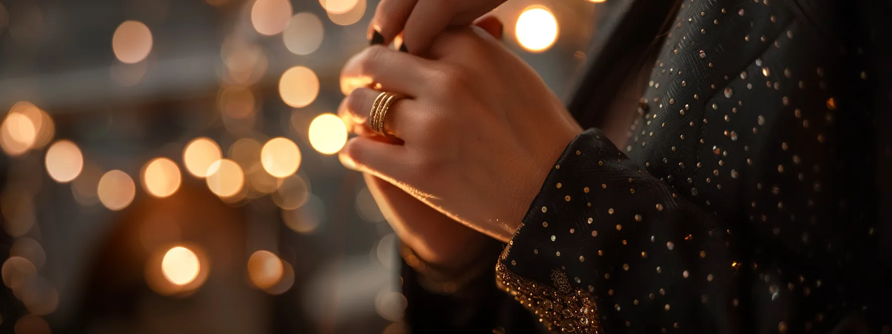 a person wearing a stylish gold ring that perfectly complements their elegant black dress.