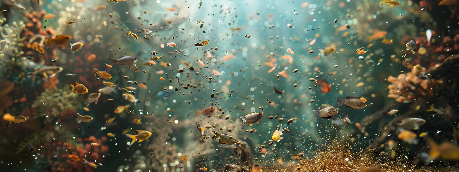 an aquarium filled with fish and excess waste floating around.