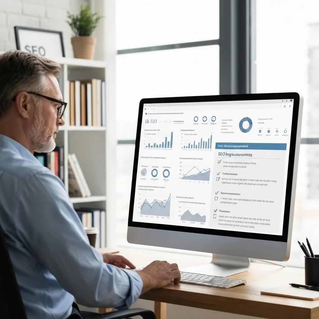 A consultant conducting a technical SEO audit, examining website performance data and identifying areas for improvement