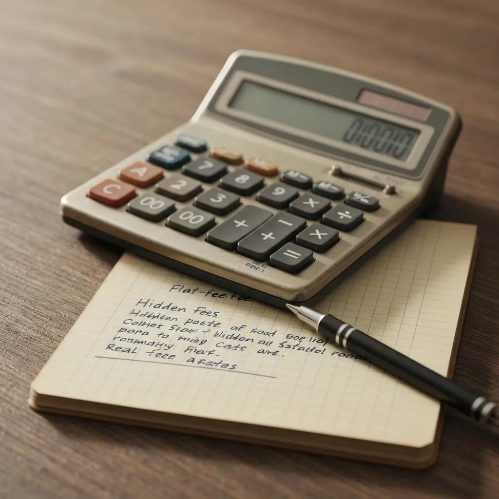 Calculator and notepad highlighting hidden fees in flat fee real estate services