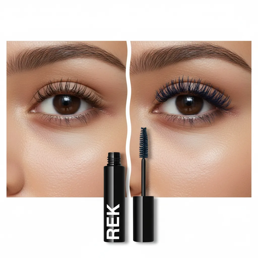Before and after applying REK Clean Navy Mascara showing lash length, volume, and brighter eyes