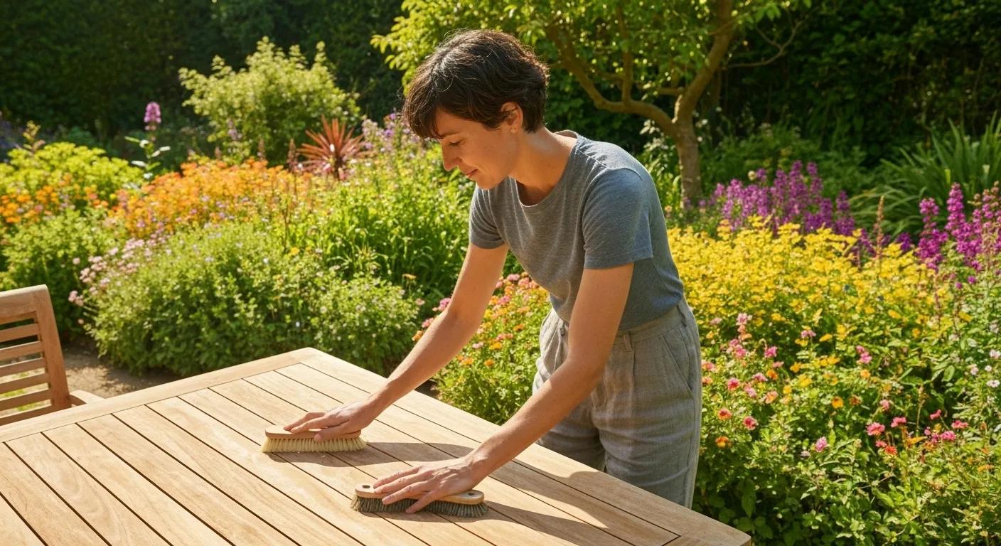 Person cleaning teak outdoor furniture in a sunny garden, demonstrating proper maintenance practices