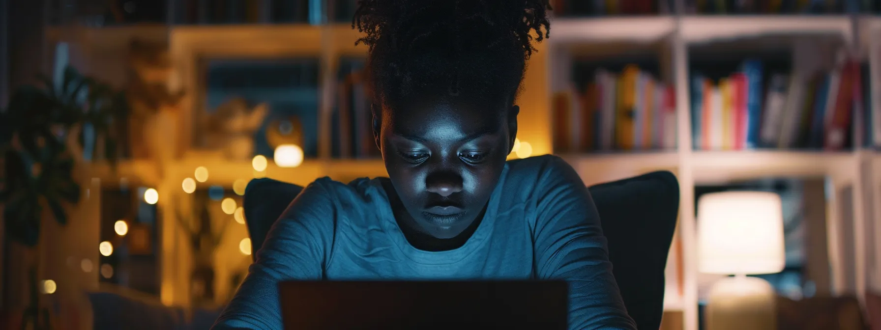 a person sitting alone in a dimly lit room, scrolling through a laptop screen with a look of concentration and intrigue.