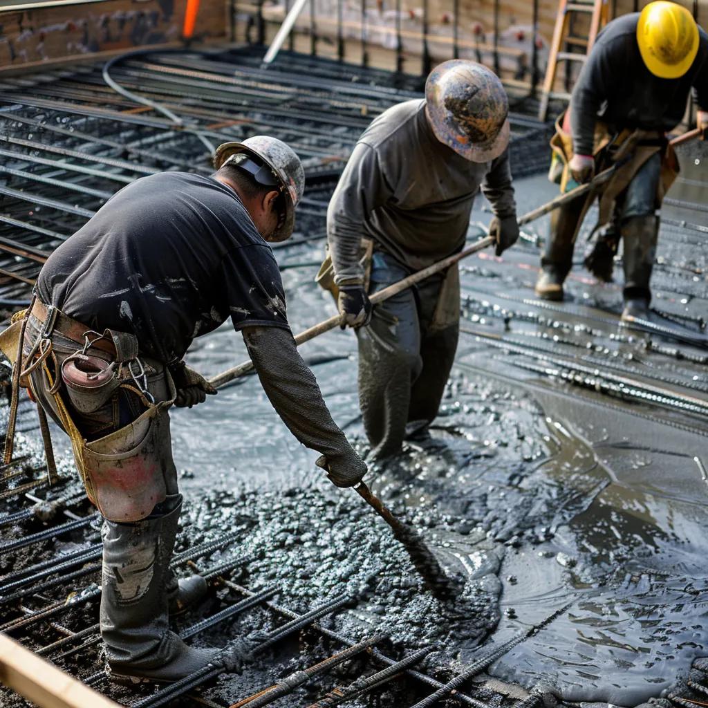 Professional concrete installation process showcasing workers preparing and pouring concrete with attention to detail