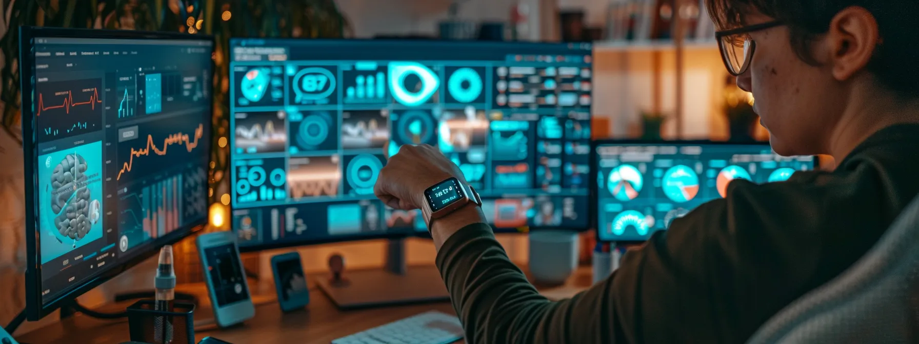 a person wearing a fitness tracker while working at a desk, surrounded by digital health apps and virtual healthcare services on a computer screen.