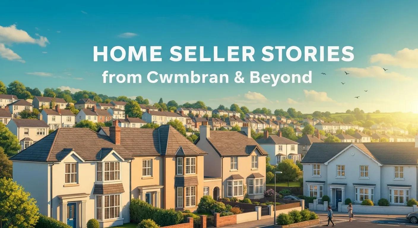 Suburban houses under a blue sky with birds and sunset. Text reads "Home Seller Stories from Cwmbran & Beyond." Peaceful mood.