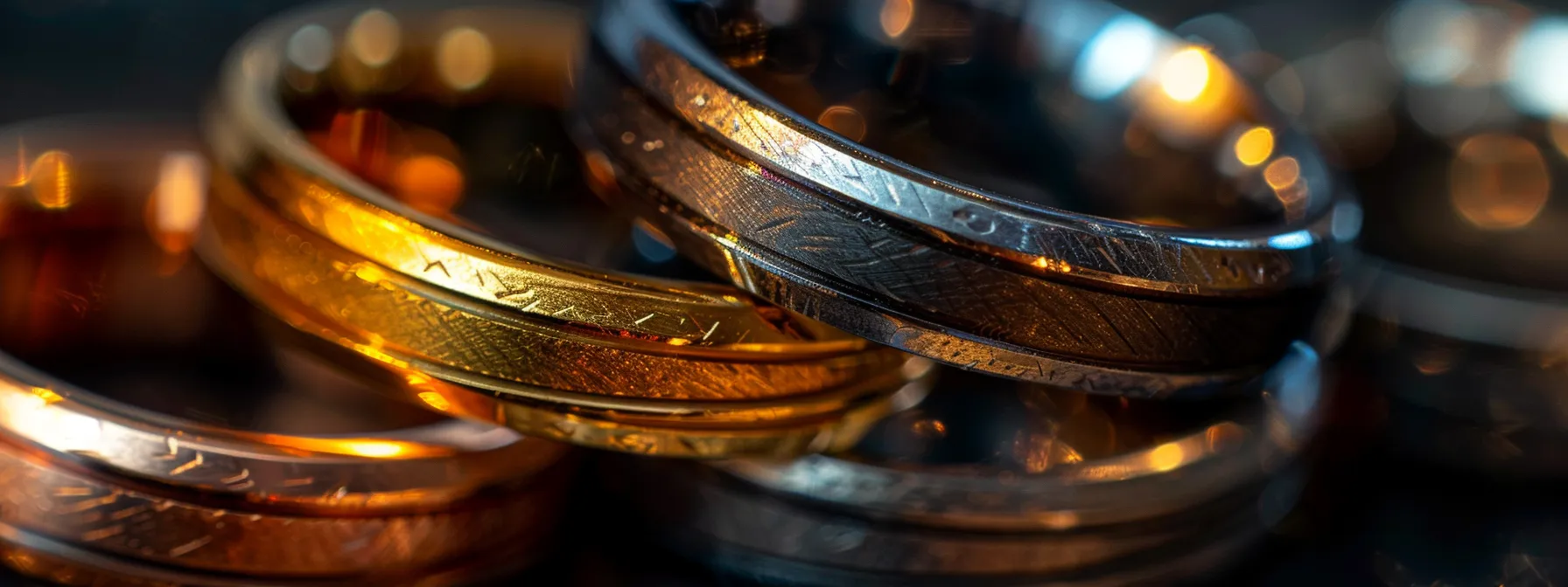 a close-up photo of a shiny, scratch-resistant wedding ring made of different metals, showcasing various colors and finishes under natural light.