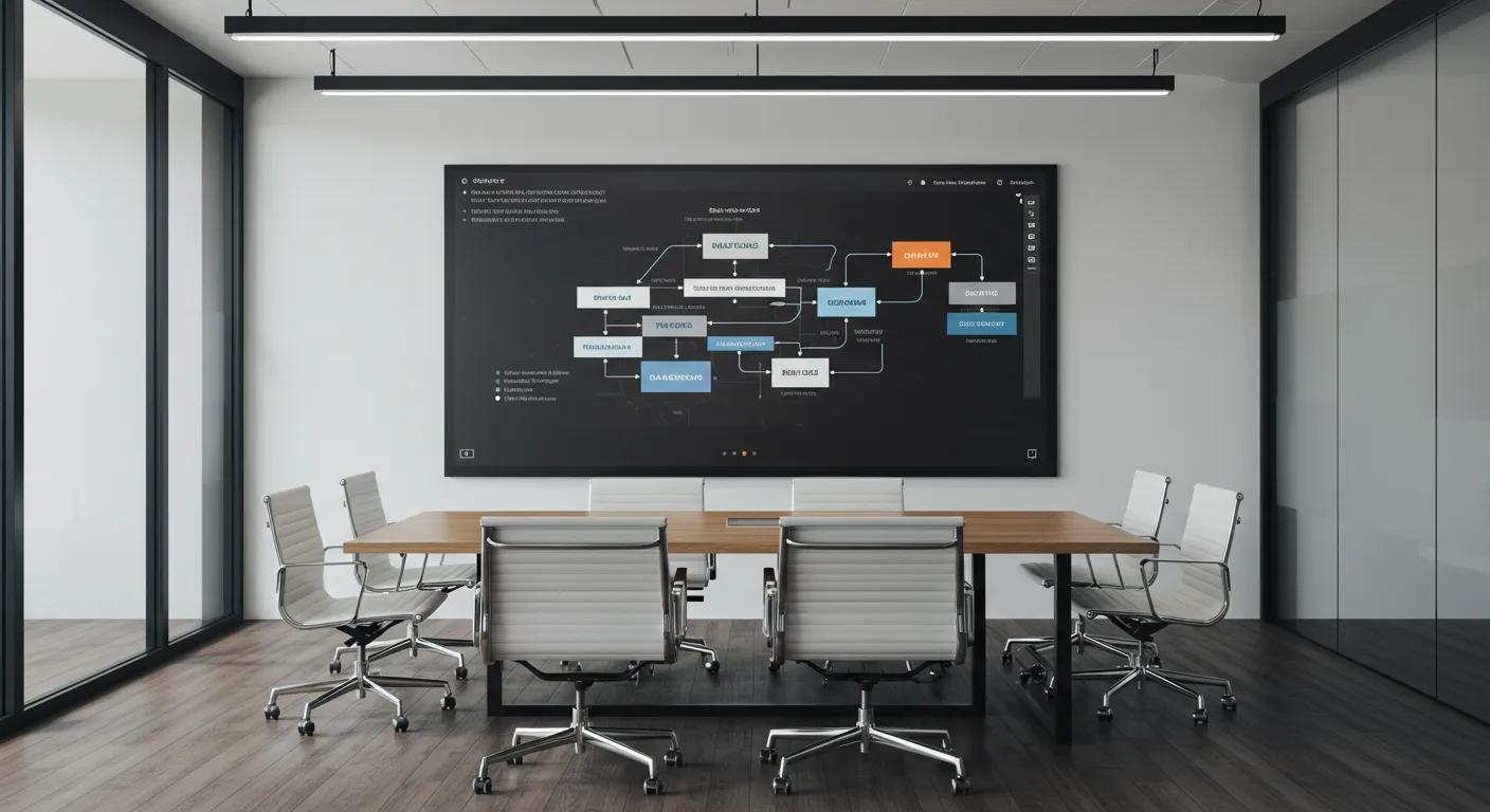 a modern, sleek office conference room with a large table surrounded by high-backed chairs, featuring a polished presentation screen displaying a streamlined real estate transaction flowchart, illuminated by sharp overhead lighting.