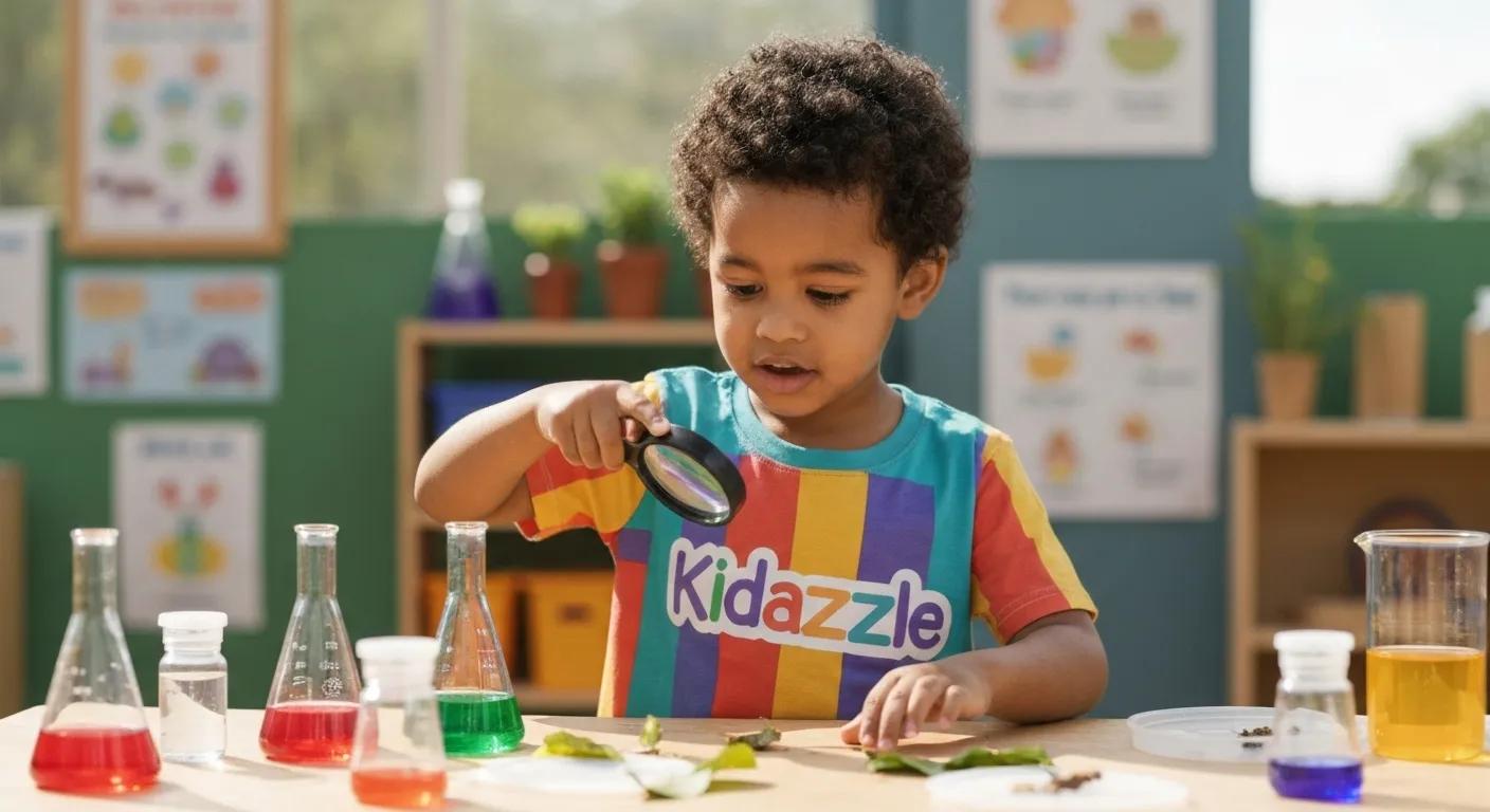 “Create a bright, realistic image of a preschool-aged child (around 4 years old, diverse background) wearing a colorful Kidazzle t-shirt, exploring science through play. The child is using a magnifying glass to look at leaves or insects on a table covered with child-safe science tools — beakers, water droppers, and colored liquids. The setting is a cheerful Kidazzle classroom or outdoor learning area with natural light, soft colors, and educational posters in the background. Mood: curious, joyful, and full of discovery. Photorealistic 4K quality. “Create a bright, realistic image of a preschool-aged child (around 4 years old, diverse background) wearing a colorful Kidazzle t-shirt, exploring science through play. The child is using a magnifying glass to look at leaves or insects on a table covered with child-safe science tools — beakers, water droppers, and colored liquids. The setting is a cheerful Kidazzle classroom or outdoor learning area with natural light, soft colors, and educational posters in the background. Mood: curious, joyful, and full of discovery. Photorealistic 4K quality.