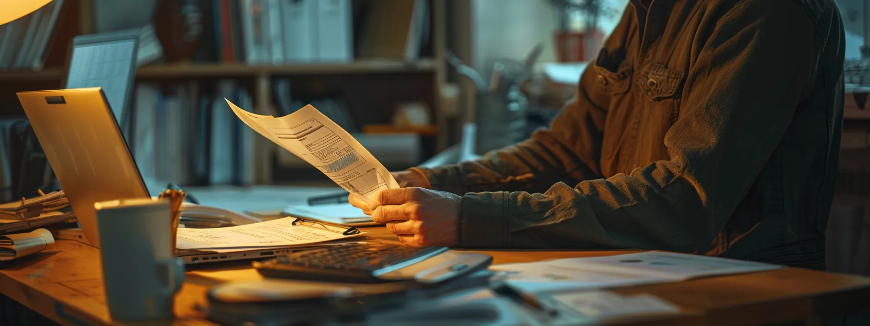 a person carefully organizing financial documents on a desk for direct deposit eligibility review.