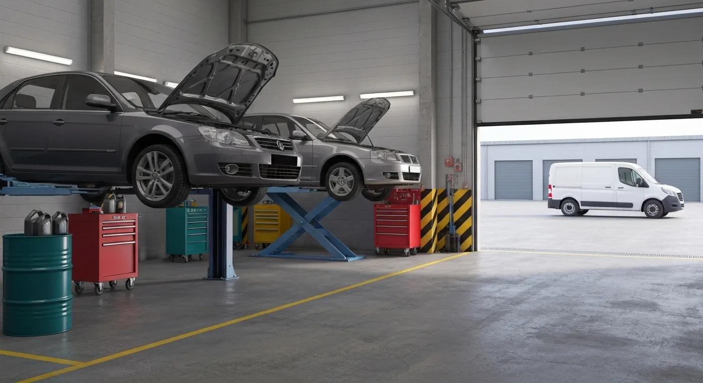 A realistic automotive repair garage. The scene shows several vehicles being serviced — a car on a hydraulic lift, another with its hood open, and a van parked outside the garage.