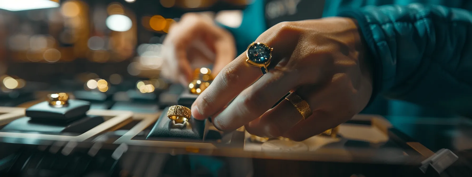 a person trying on different gold rings at a jewelry store.