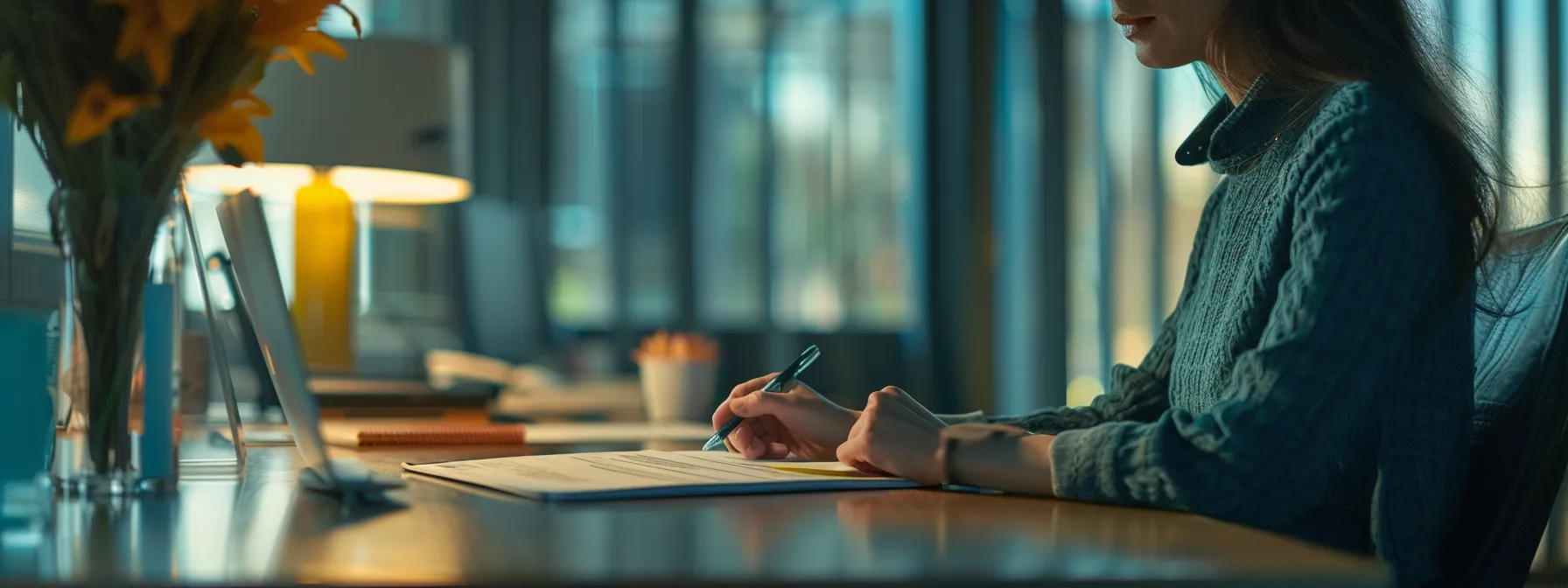 a person reviewing insurance policy options with a agent at an office desk.