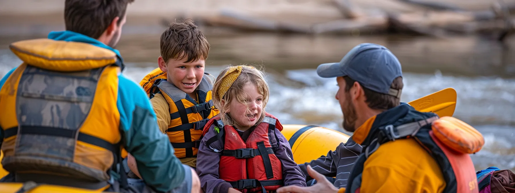 a family sitting with a rafting guide and discussing safety protocols and trip details before embarking on their whitewater journey.