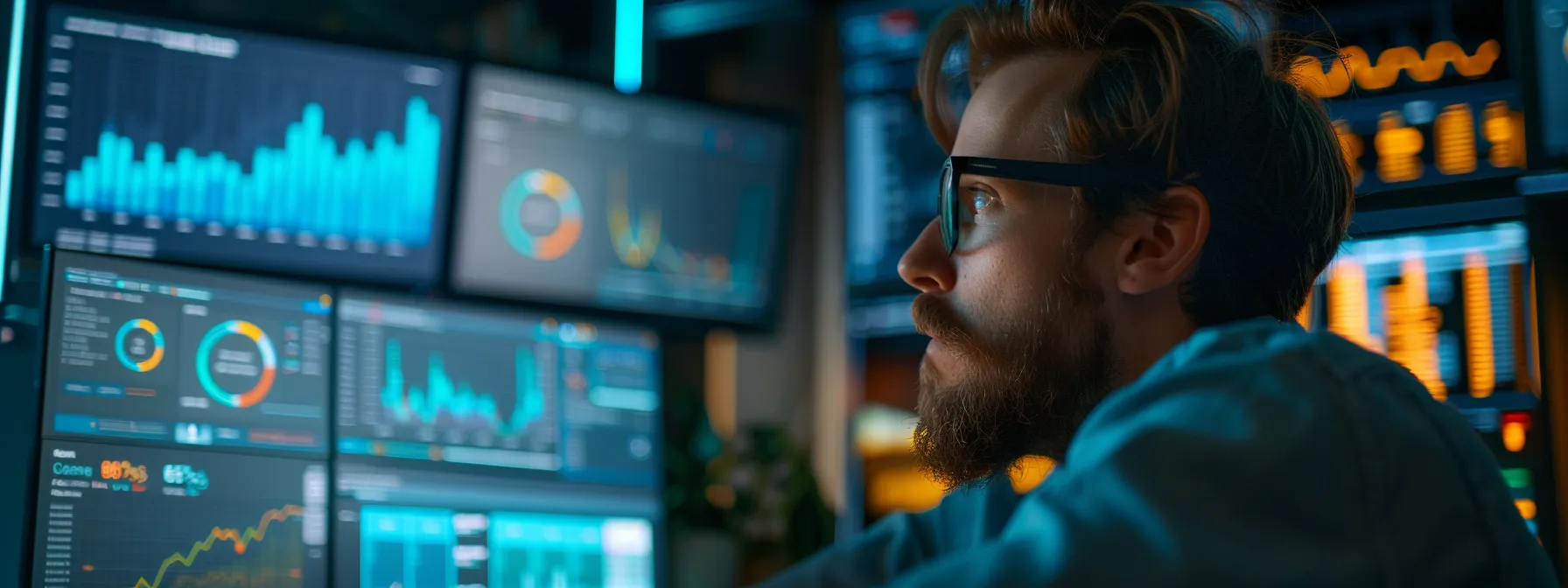 a digital marketer analyzing data on a computer screen, surrounded by graphs and charts, with a focused expression.