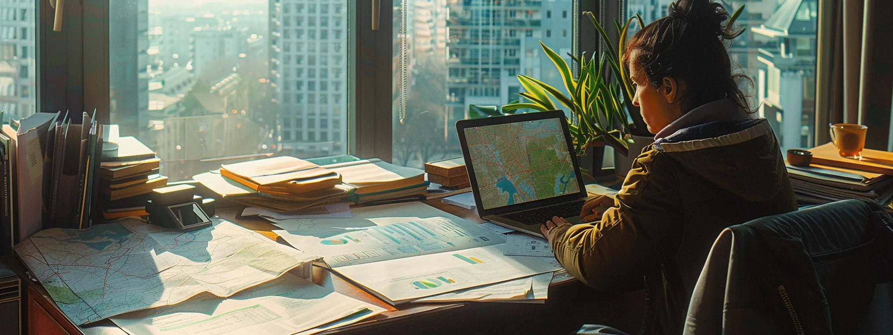 a person calmly reviewing flood insurance documents at a well-organized desk, surrounded by maps and resources, with a serene cityscape outside the window.