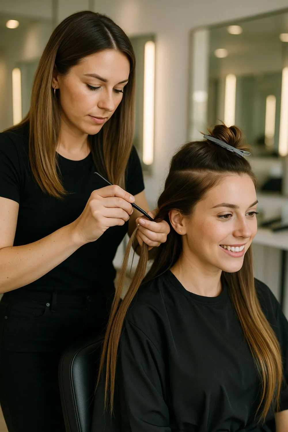 hair stylist installing hair extensions in clients hair hair stylist installing hair extensions in clients hair