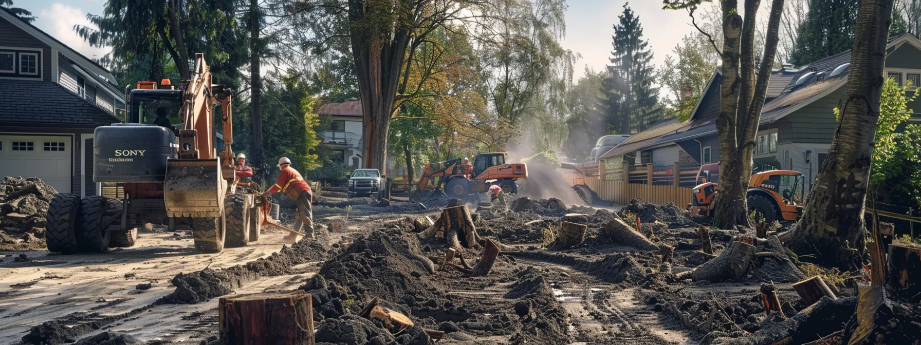 a group of workers using specialized machinery to grind tree stumps in a residential area.