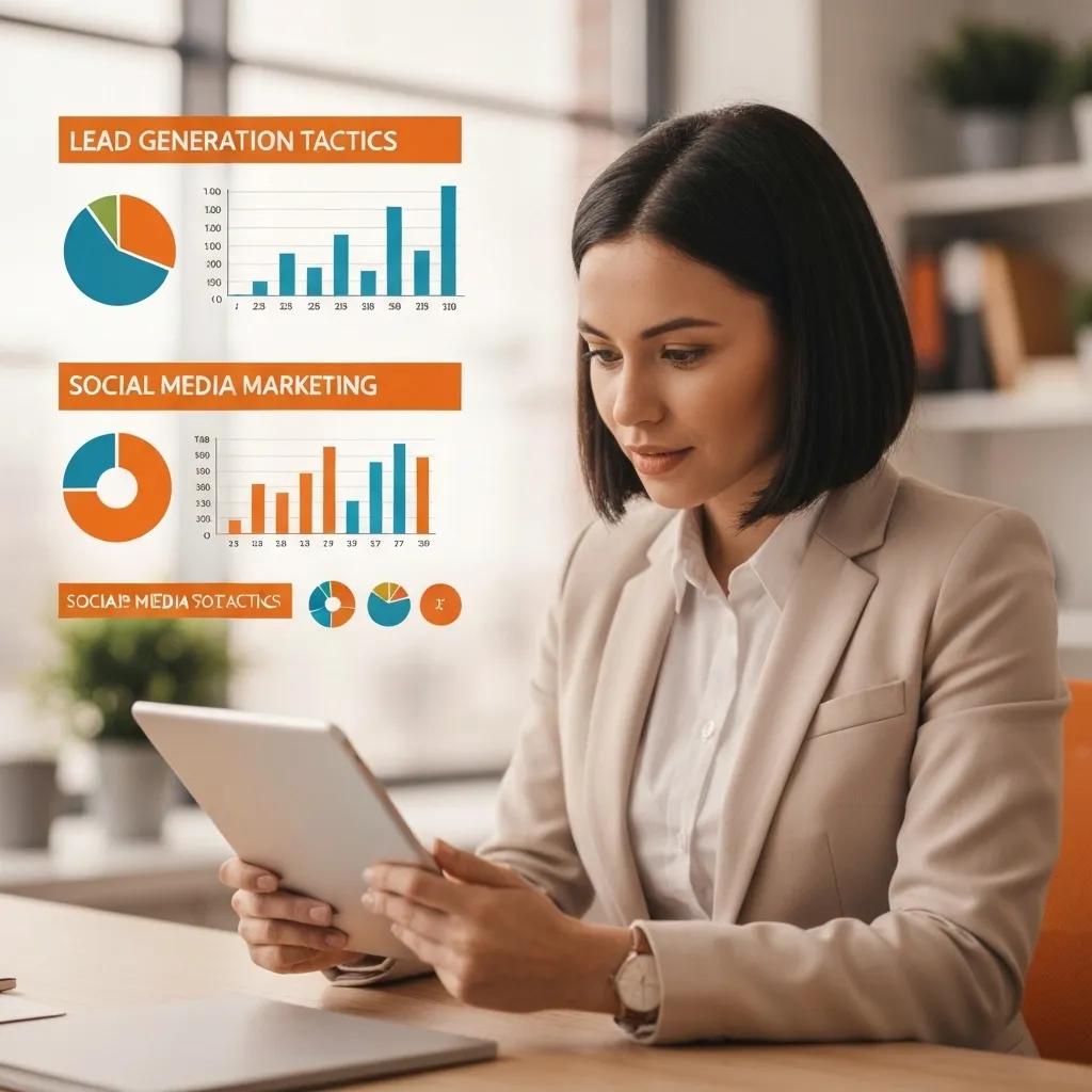 A business professional intently analyzing social media metrics on a screen, focused on lead generation.