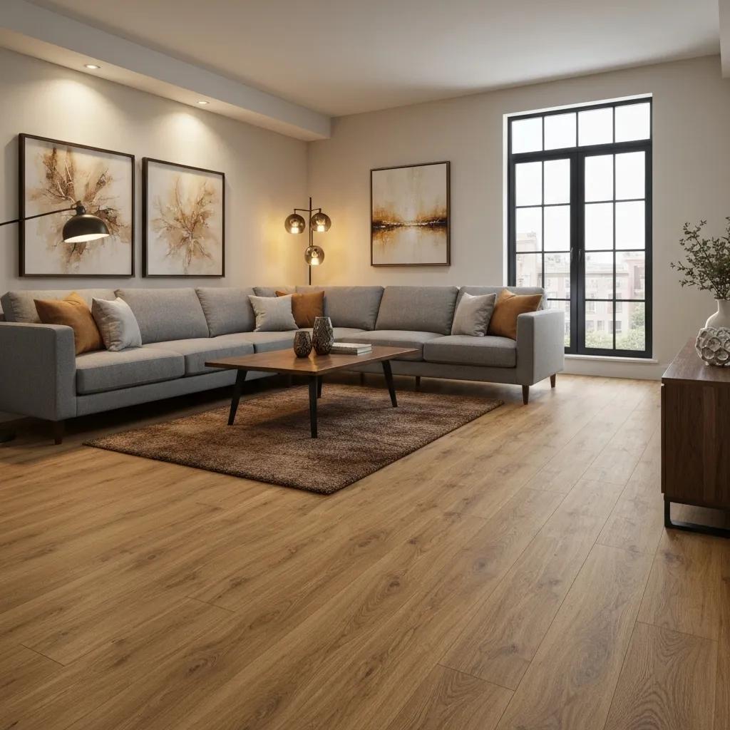 Stylish living room with affordable laminate flooring resembling natural wood, showcasing modern decor