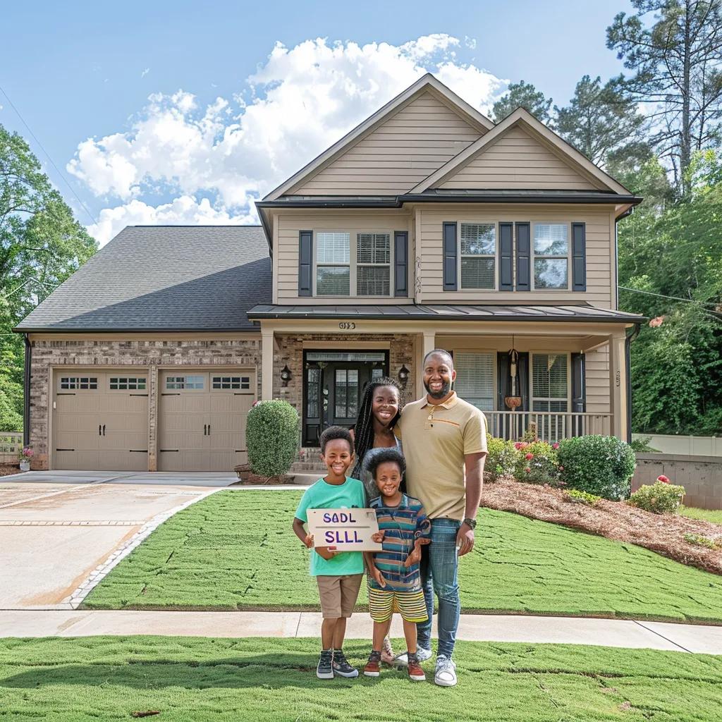 A happy family beaming in front of a charming Acworth, GA home, celebrating their successful home purchase