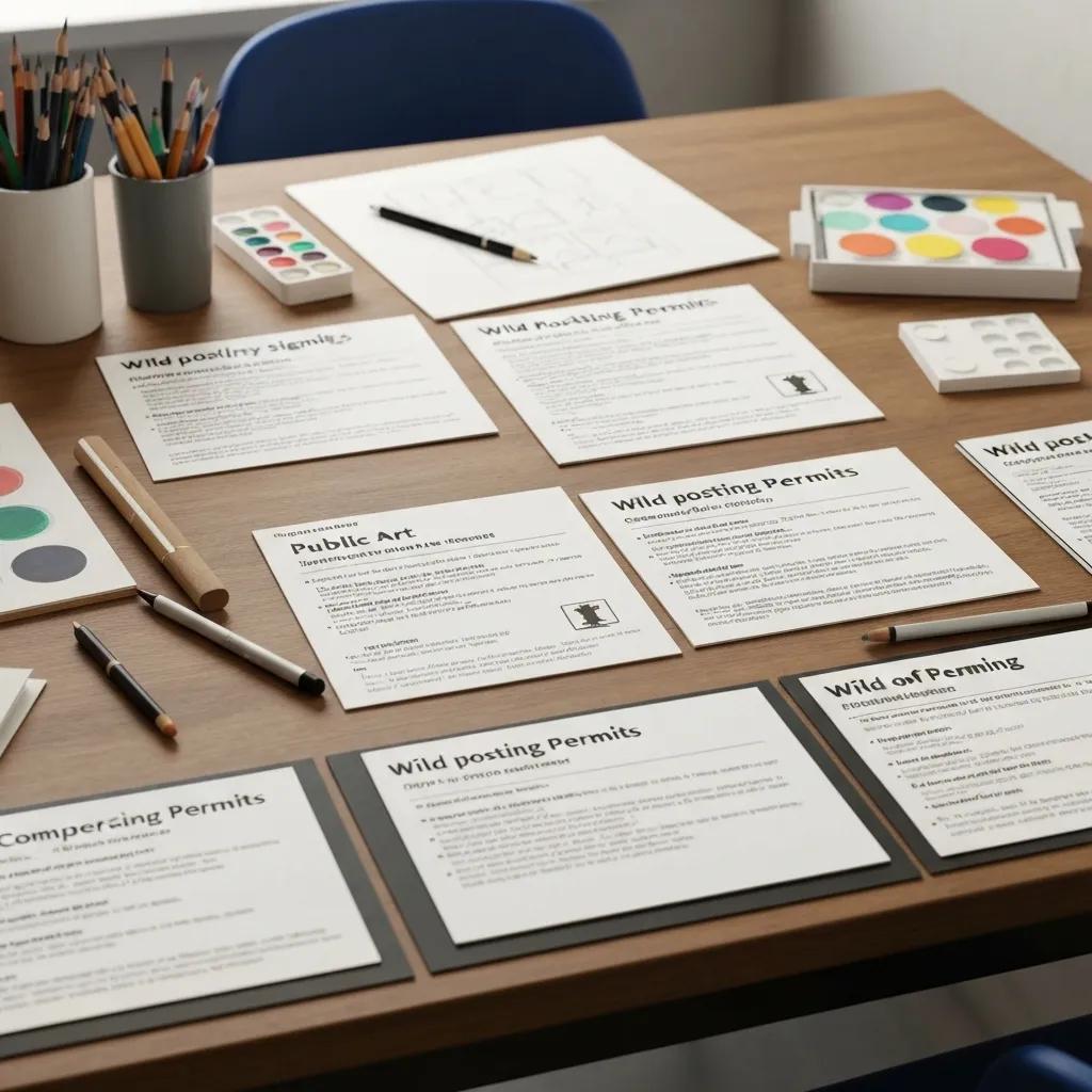 A creative workspace table displaying various wild posting permit documents and design mockups