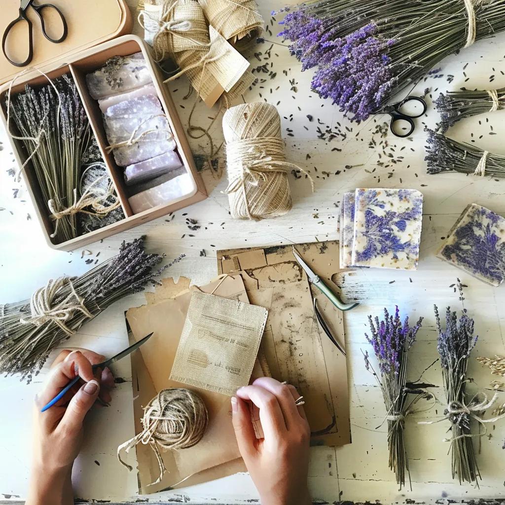 A creative workspace with lavender craft projects, including sachets, dried lavender, and handmade soaps