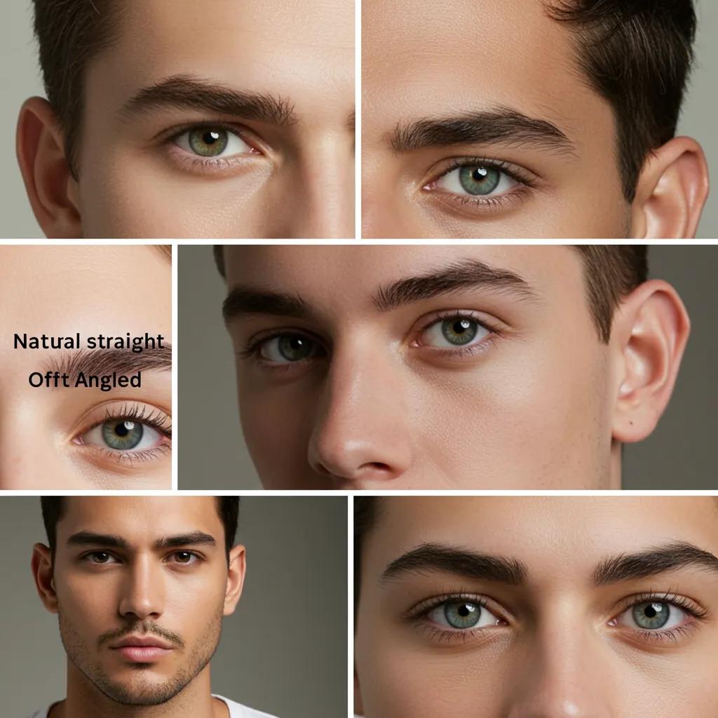 Collage of popular men's eyebrow styles in Brooklyn, showcasing natural straight, soft angled, and slight arch brows