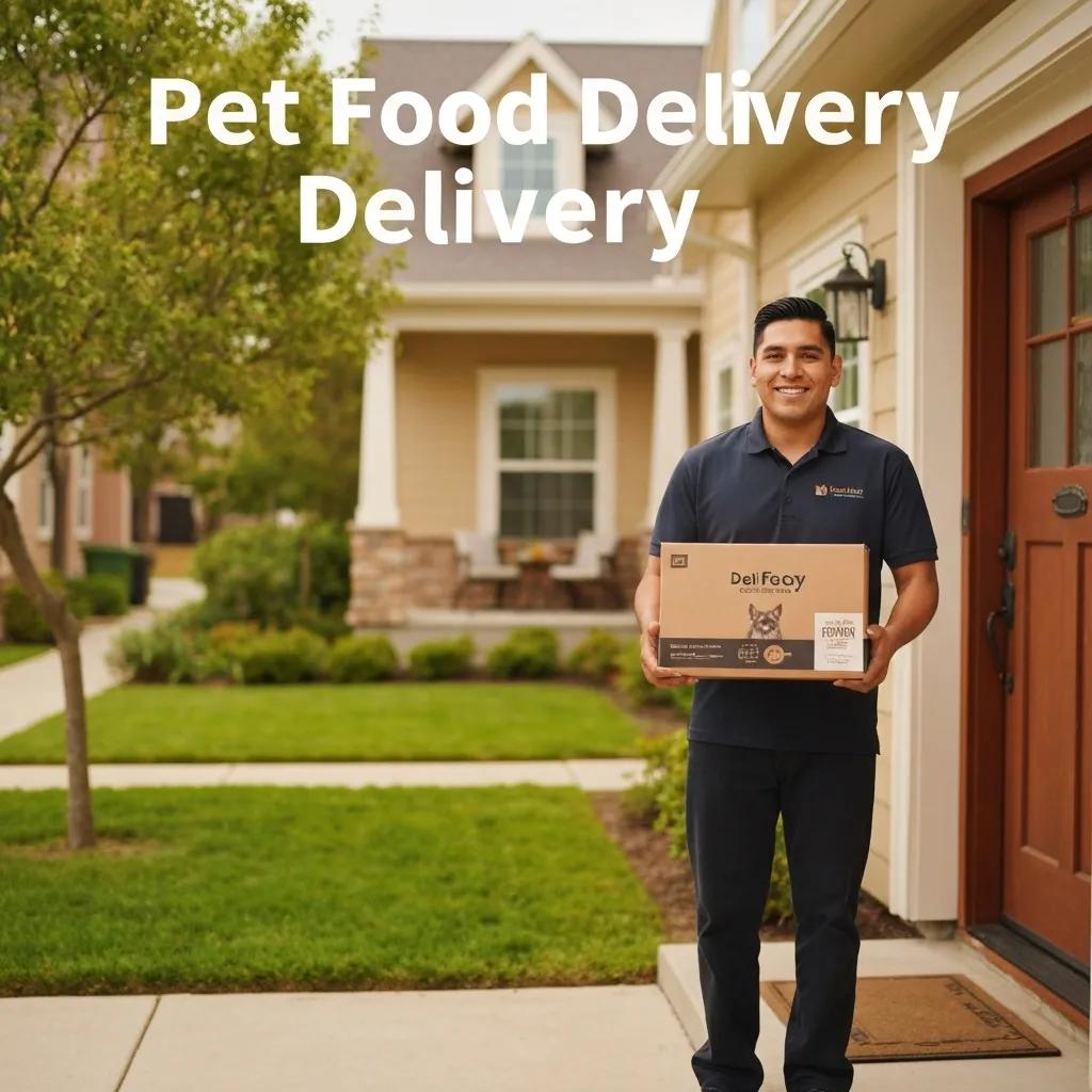 A delivery driver hands a pet food box to a customer at their doorstep, emphasizing convenience