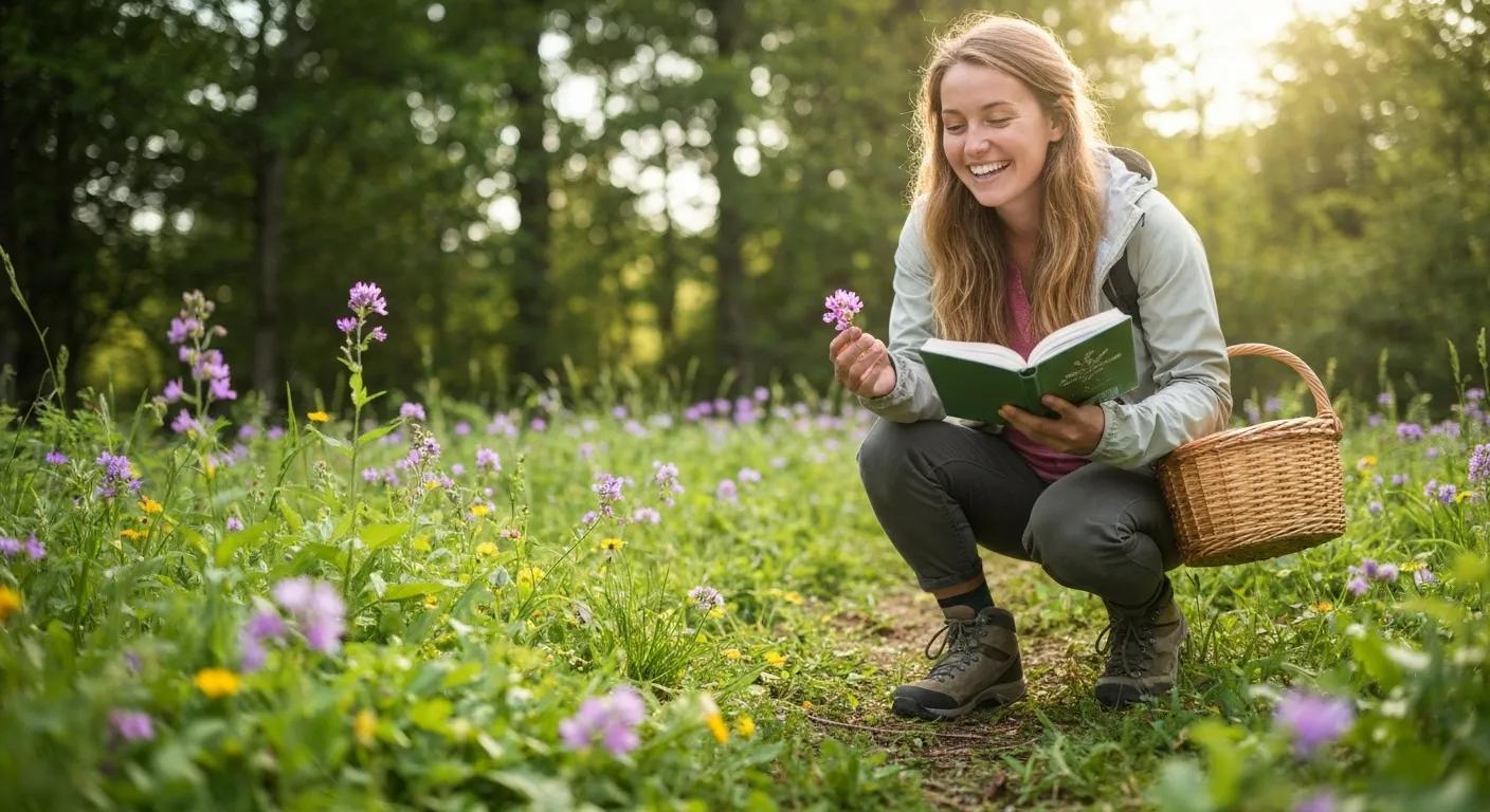 Forager examining plants with a field guide, emphasizing safety and responsible foraging practices