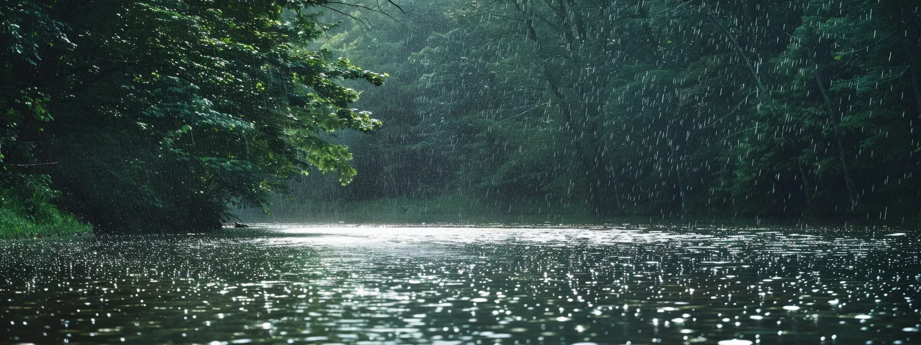 rain falling gently on the surface of the ocoee river, creating ripples and reflecting the surrounding trees in the water.