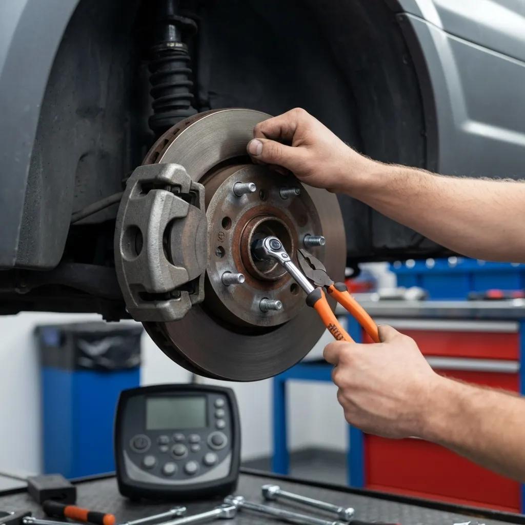 Mechanic fitting new brake pads to a car's braking system in a workshop