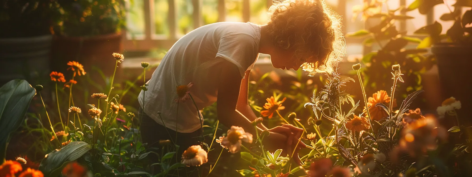 a person carefully tending to a lush, diverse garden filled with vibrant flowers and bustling wildlife.