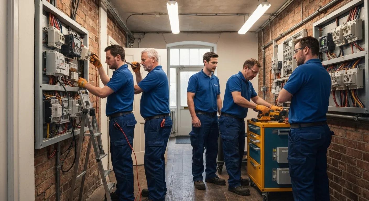 A team of emergency electricians in Birmingham collaborating to diagnose electrical issues at a property, showcasing their comprehensive service range.
