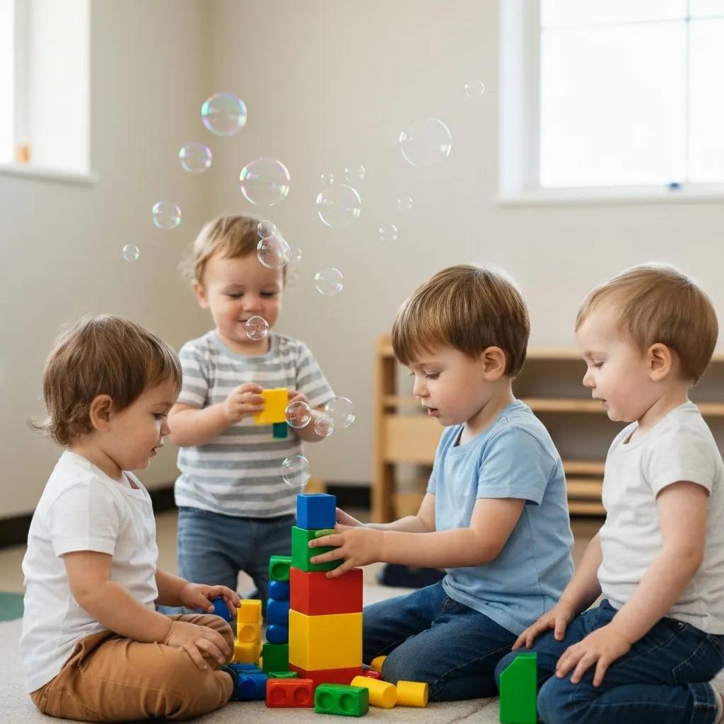 Energetic toddlers joyfully playing with blocks and chasing bubbles during Natural Environment Teaching, showcasing effective ABA therapy techniques for preschoolers