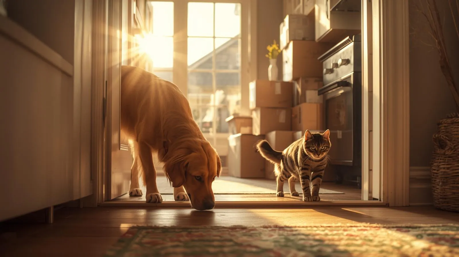 Dog and cat sniffing around the entryway of a new home with boxes in the background. Warm daylight from open windows, cozy suburban style. Dog and cat sniffing around the entryway of a new home with boxes in the background. Warm daylight from open windows, cozy suburban style.