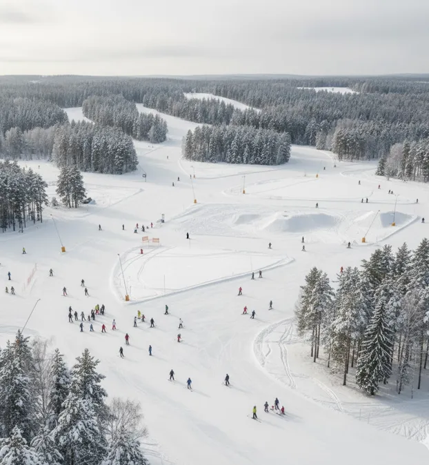 AI-generated image of skiers navigating varied snowy terrain with winter forests and rolling hills. AI-generated image of skiers navigating varied snowy terrain with winter forests and rolling hills.