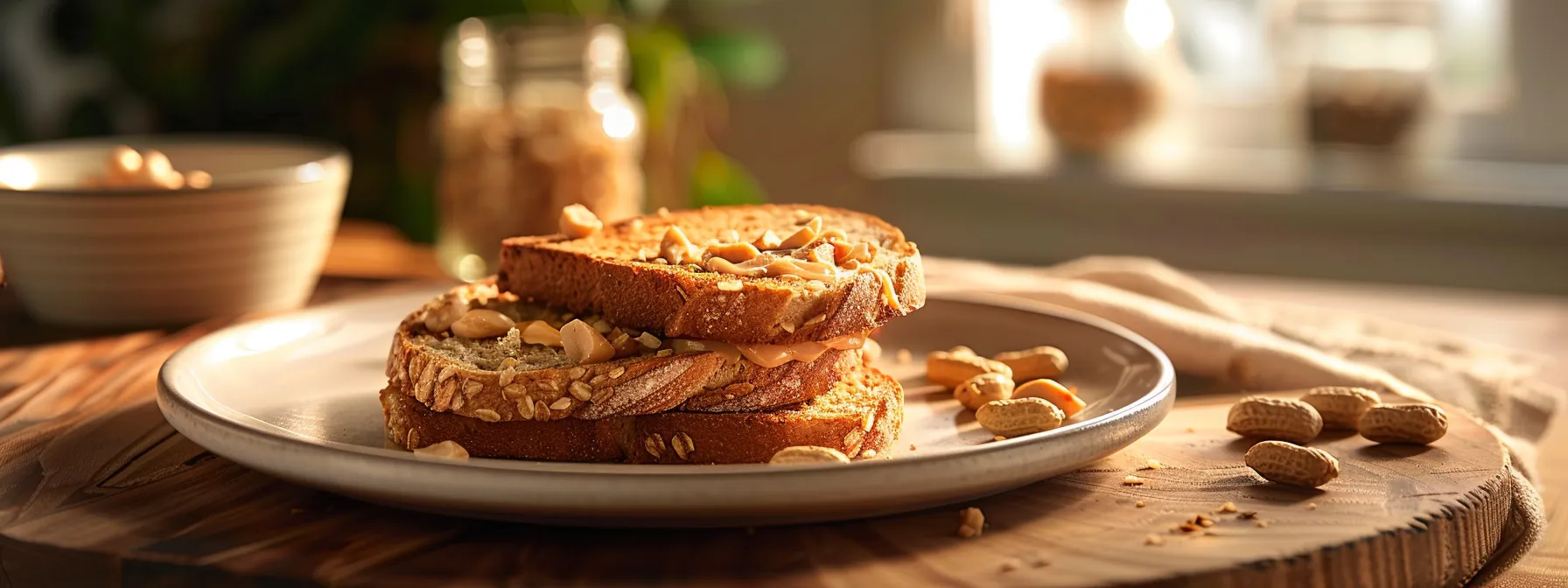 a plate stacked with protein-rich peanut butter toast and complex carbohydrates.