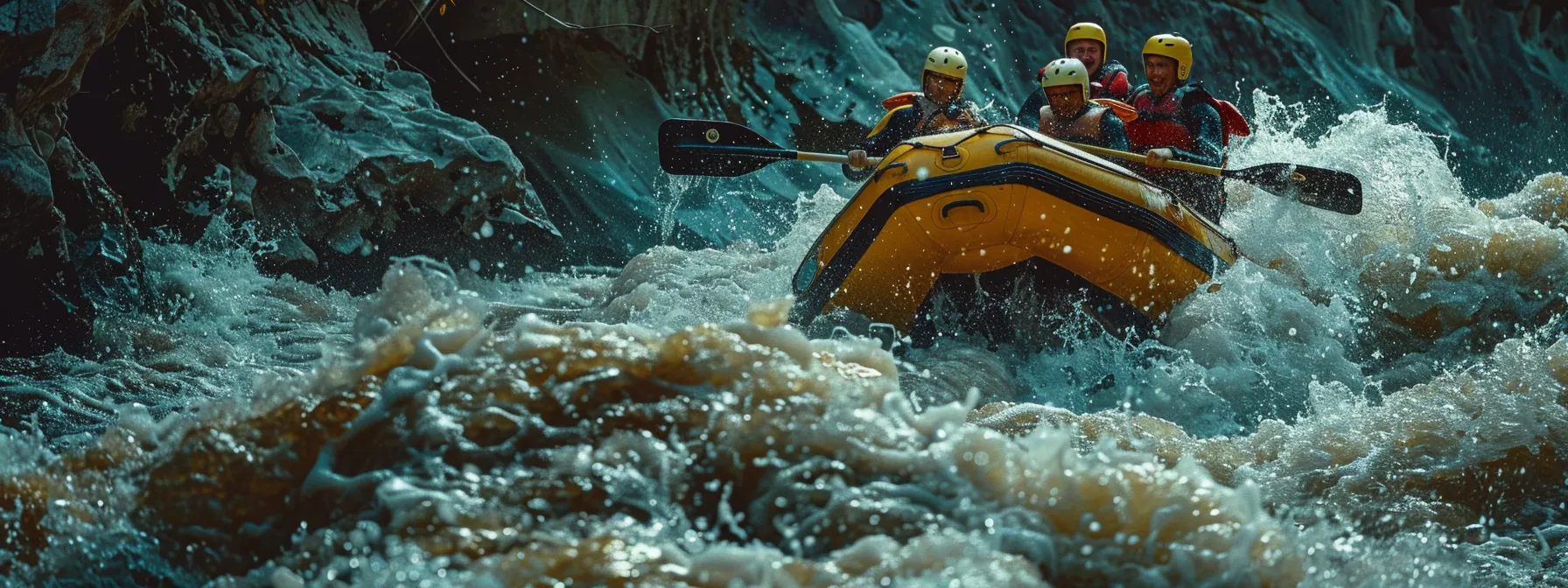 a team of rafters expertly maneuvering through turbulent whitewater rapids with precision and coordination.