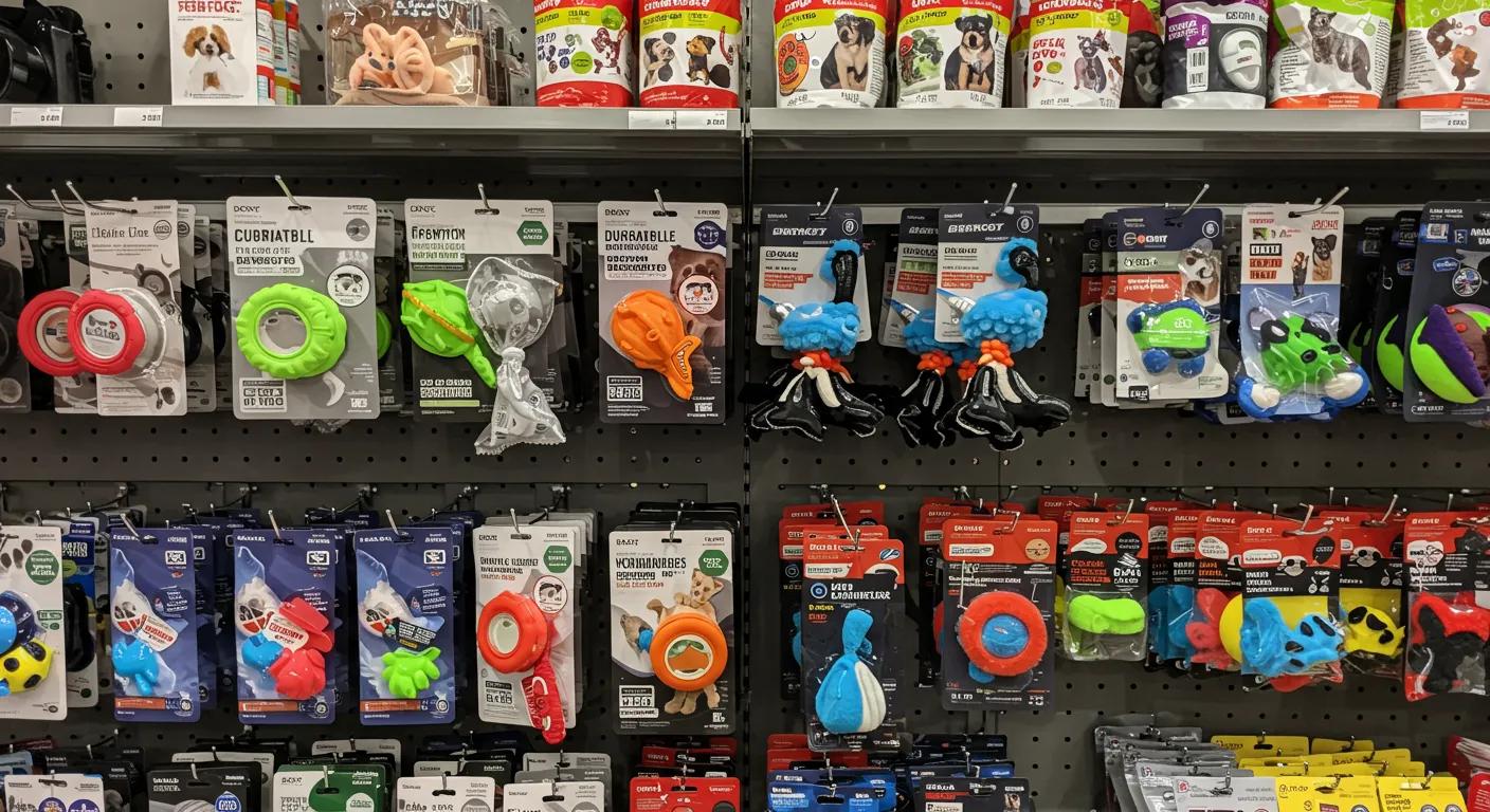 a well-organized pet supply store display showcases a variety of durable fetch toys for aggressive chewers, featuring labels highlighting safety certifications, chew resistance ratings, and non-toxic materials against a sleek, modern backdrop. a well-organized pet supply store display showcases a variety of durable fetch toys for aggressive chewers, featuring labels highlighting safety certifications, chew resistance ratings, and non-toxic materials against a sleek, modern backdrop.