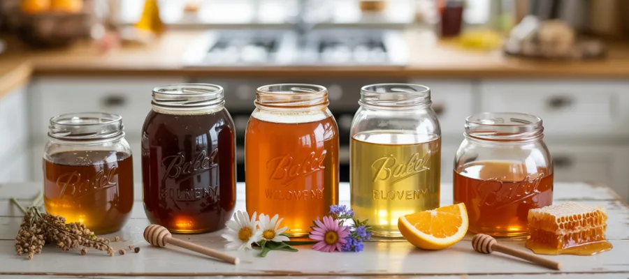 A rustic white wooden table displays a side-by-side comparison of several types of honey