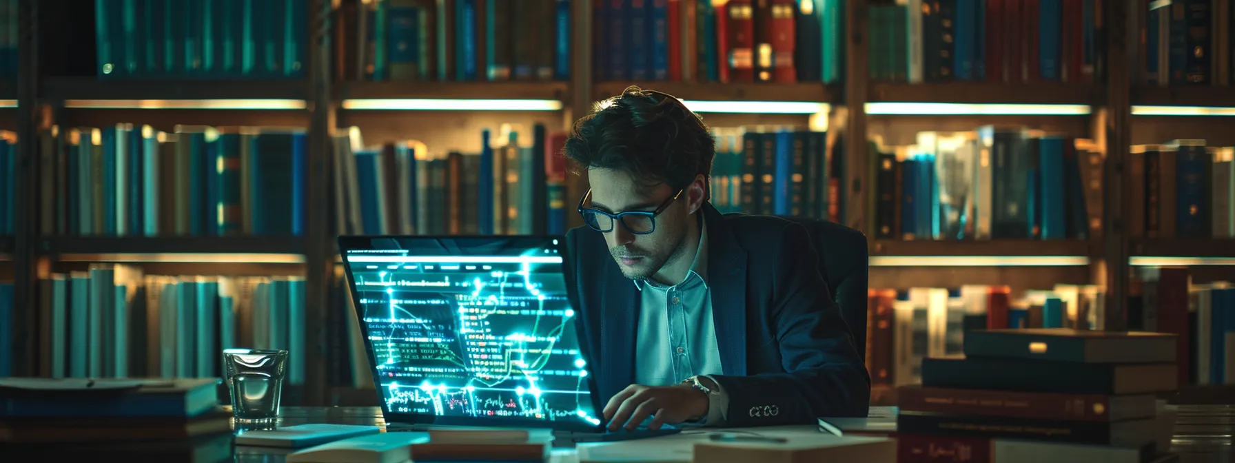 a professional seo specialist diligently researching on a modern laptop, surrounded by books on ai and machine learning, while a futuristic algorithmic visualization glows on the screen.